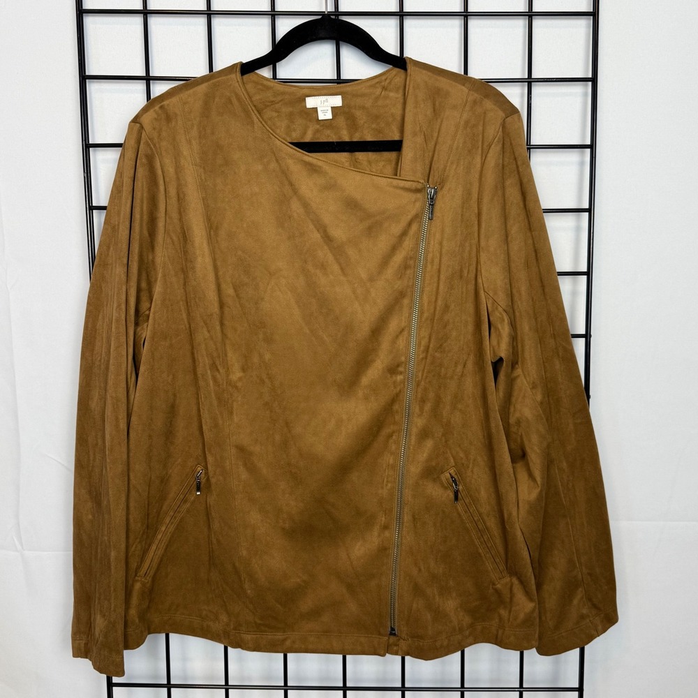 J. Jill Brown Faux Suede Full Zip Moto Jacket Womens‎ XL Tan Boho Casual Classkc